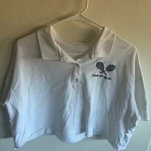 White Crop Polo Top with Tennis Embroidery